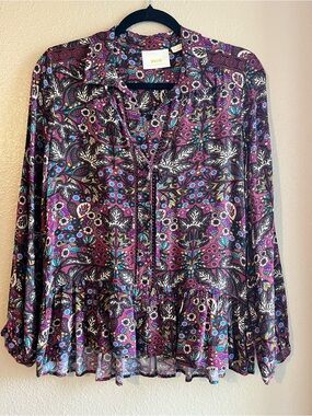 Maeve Multi-Color Floral Tie-Neck Blouse in Plum